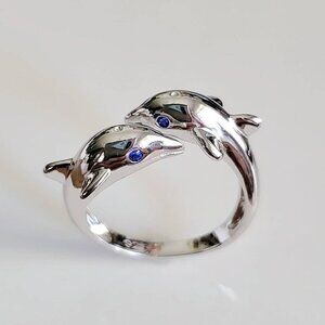 Blue Sapphire Sterling Silver Dolphin Ring, Ocean Inspired Ring, Gift ideas